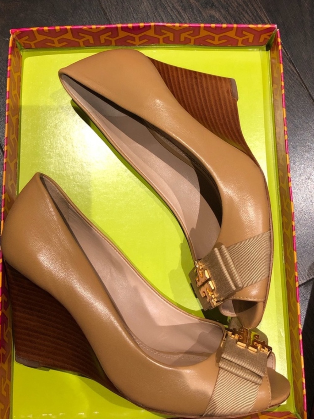 Tory Burch Tan Leather Peep-Toe Wedge Pumps with Ribbon & Gold Logo